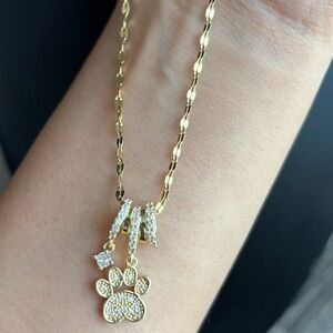 Gold Paw Print Rhinestone Pendant Necklace Stainless Steel Adjustable